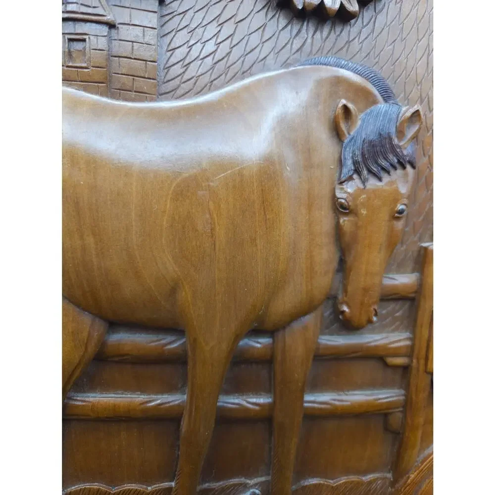 Vtg Chinese Wood Carved Horse & Puppies Picture Bamboo Style Frame Signed Mabel